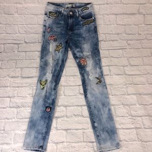 Blue Topic Skinny Distressed Patchwork Jeans Stretch Army USA design